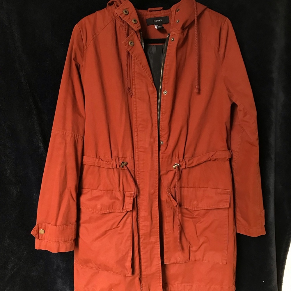 F21 Burnt Sienna Red-Brown Hooded Longline Utility Jacket - M - Picture 3 of 13